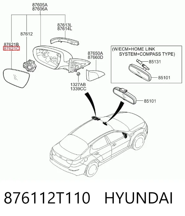 Elemento espelhado do espelho de retrovisão esquerdo 876112T110 Hyundai/Kia