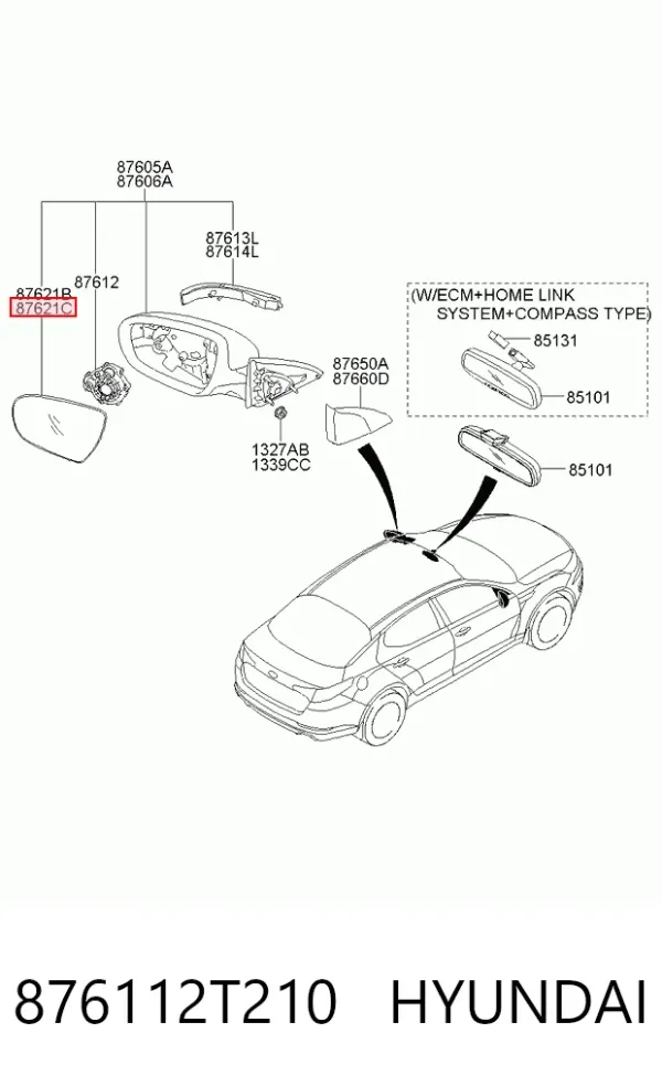 Elemento espelhado do espelho de retrovisão esquerdo 876112T210 Hyundai/Kia