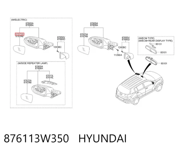 Elemento espelhado do espelho de retrovisão esquerdo 876113W350 Hyundai/Kia