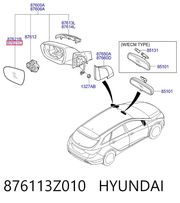 Elemento espelhado do espelho de retrovisão esquerdo 876113Z010 Hyundai/Kia
