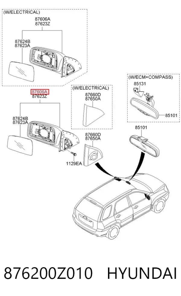 Espelho de retrovisão direito 876200Z010 Hyundai/Kia