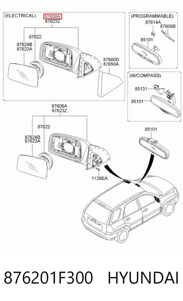 Espelho de retrovisão direito 876201F300 Hyundai/Kia
