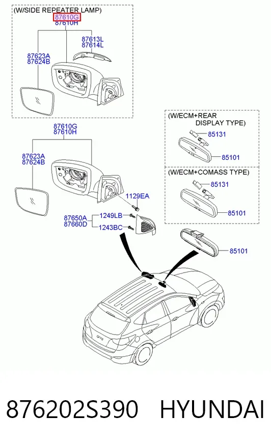 Espelho de retrovisão direito 876202S390 Hyundai/Kia