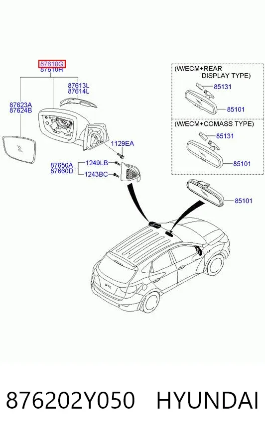 Espelho de retrovisão direito 876202Y050 Hyundai/Kia