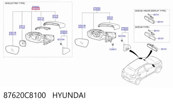 Espelho de retrovisão direito 87620C8100 Hyundai/Kia