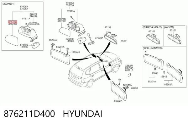Elemento espelhado do espelho de retrovisão direito 876211D400 Hyundai/Kia
