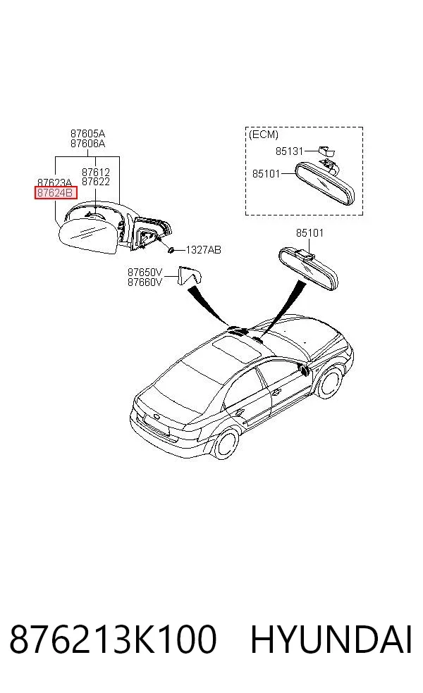 Elemento espelhado do espelho de retrovisão direito 876213K100 Hyundai/Kia