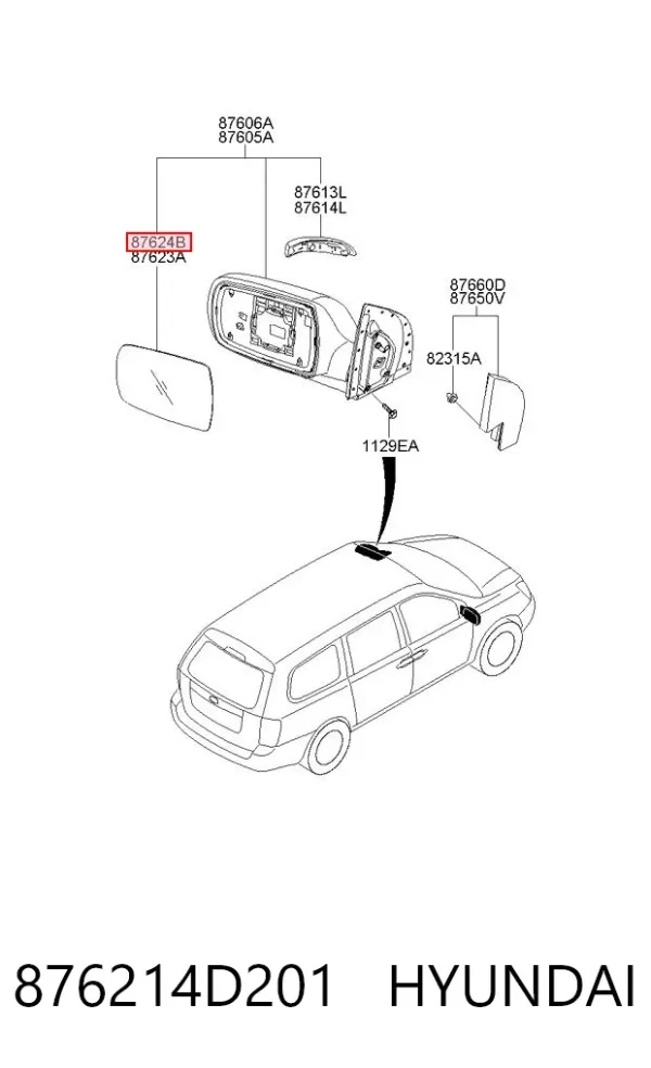Elemento espelhado do espelho de retrovisão direito 876214D201 Hyundai/Kia