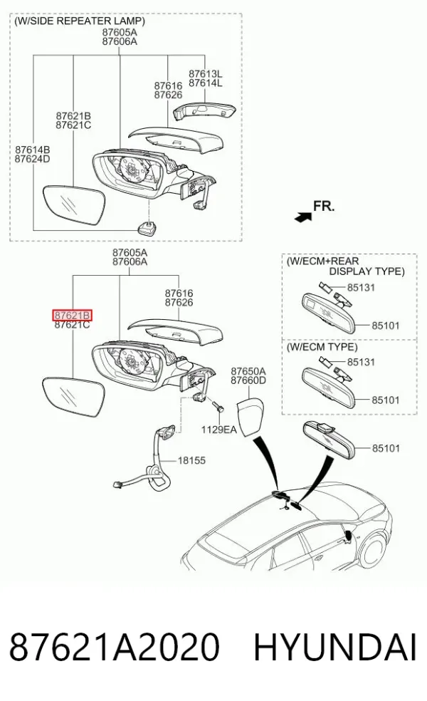 Elemento espelhado do espelho de retrovisão direito 87621A2020 Hyundai/Kia