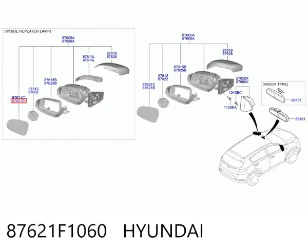 Elemento espelhado do espelho de retrovisão direito 87621F1060 Hyundai/Kia