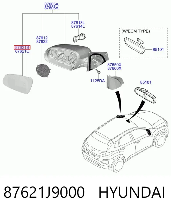 Elemento espelhado do espelho de retrovisão direito 87621J9000 Hyundai/Kia