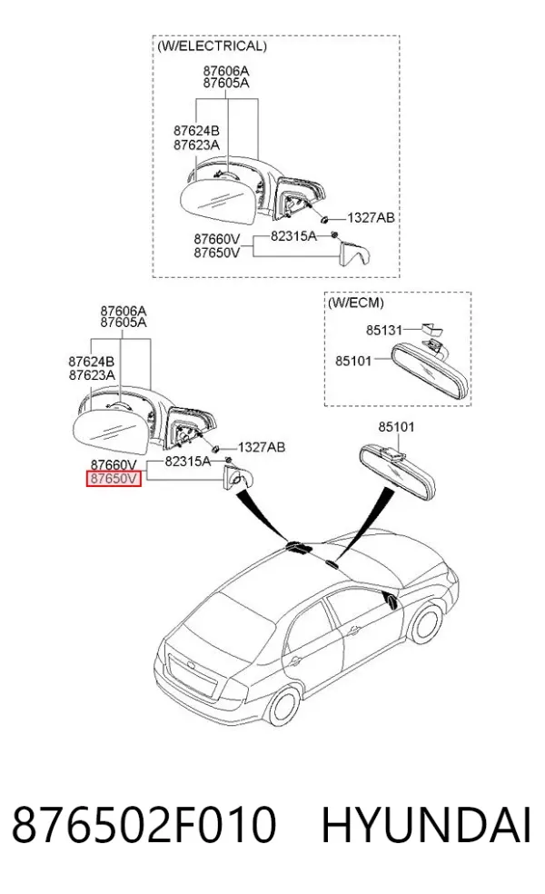 Espelho de retrovisão esquerdo 876502F010 Hyundai/Kia