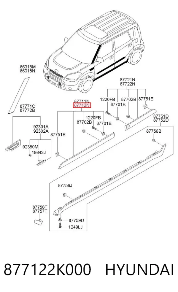 Moldura da porta dianteira direita 877122K000 Hyundai/Kia