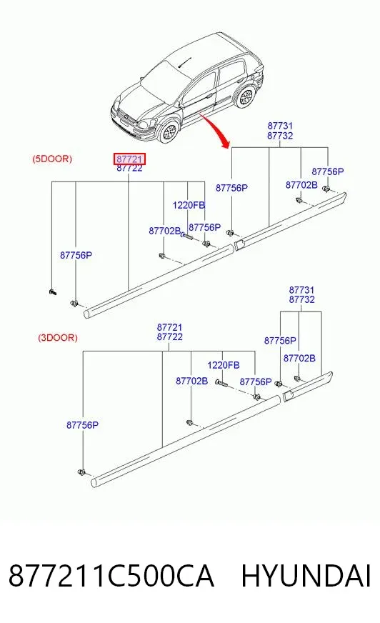 Moldura da porta dianteira esquerda 877211C500CA Hyundai/Kia