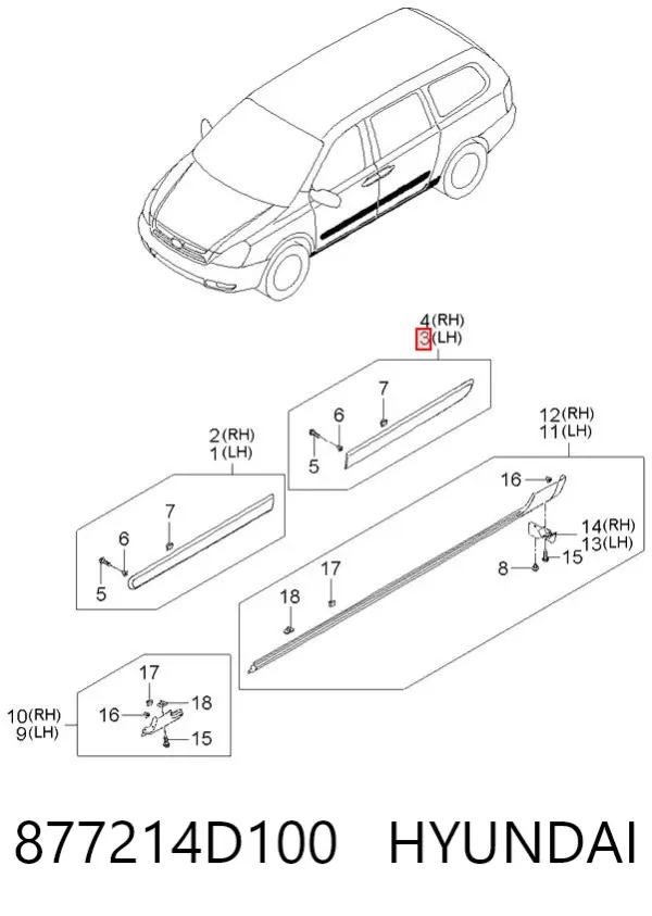 Moldura da porta traseira esquerda 877214D100 Hyundai/Kia