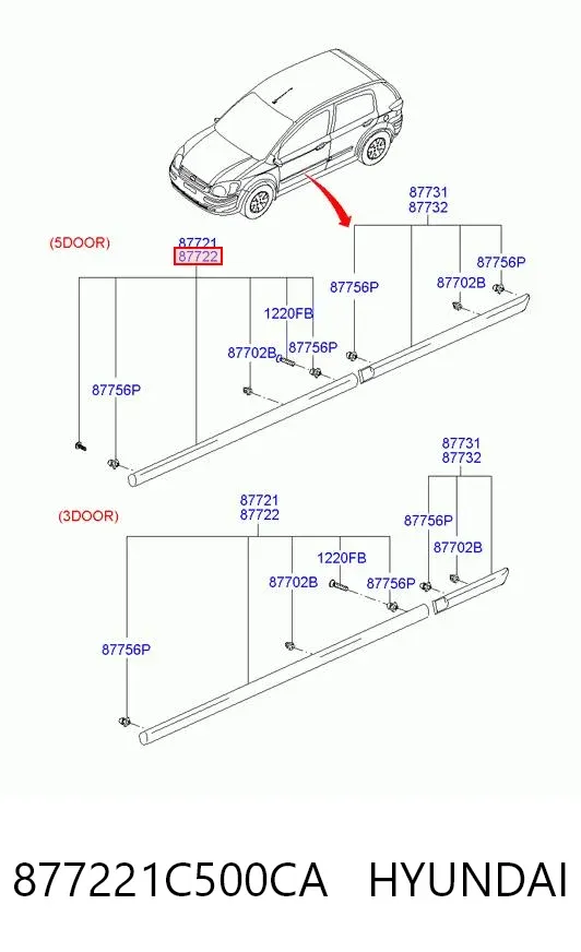 Moldura da porta dianteira direita 877221C500CA Hyundai/Kia