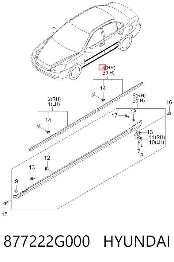 Moldura da porta traseira direita 877222G000 Hyundai/Kia