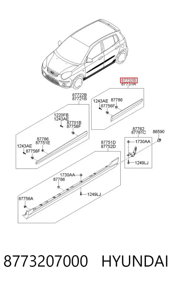 Moldura da porta traseira direita 8773207000 Hyundai/Kia