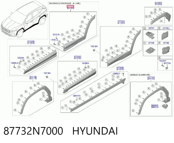 Moldura da porta traseira direita inferior 87732N7000 Hyundai/Kia