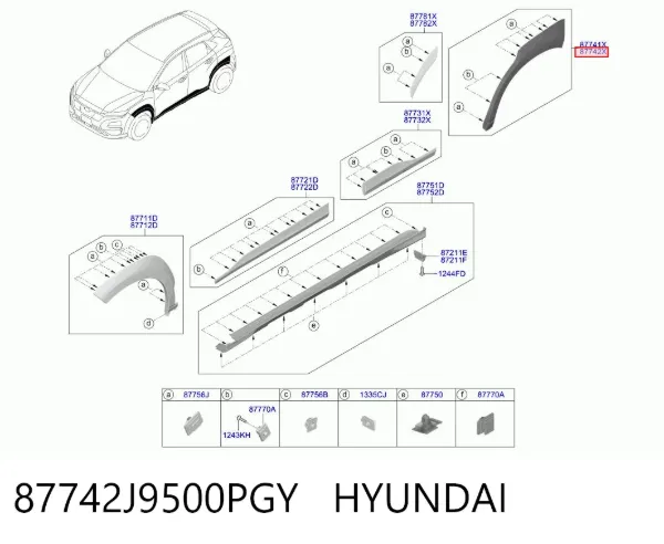 Expansor direito (placa sobreposta) de arco do pára-lama traseiro 87742J9500PGY Hyundai/Kia