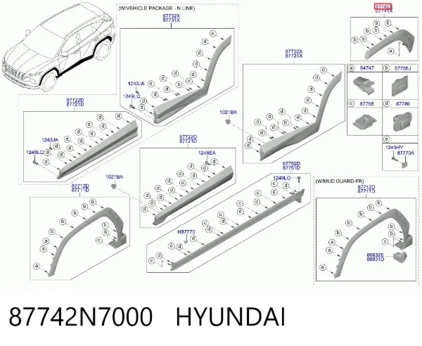 Expansor direito (placa sobreposta) de arco do pára-lama traseiro 87742N7000 Hyundai/Kia