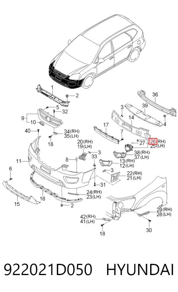 Luzes de nevoeiro direitas 922021D050 Hyundai/Kia