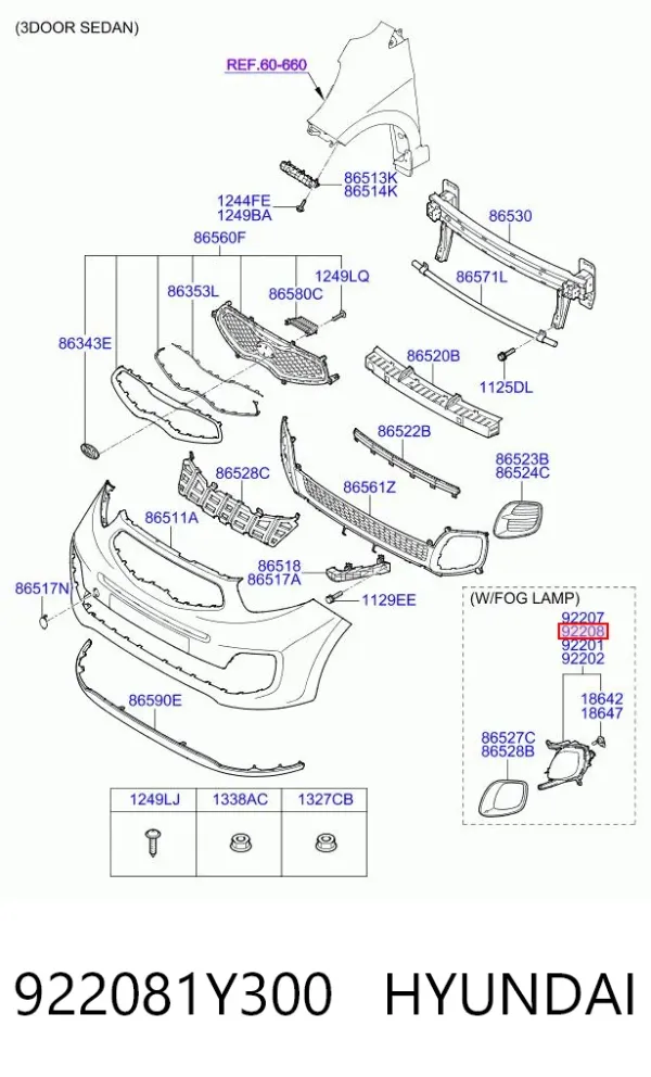 Luzes de nevoeiro direitas 922081Y300 Hyundai/Kia