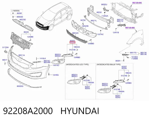 Luzes de nevoeiro direitas 92208A2000 Hyundai/Kia