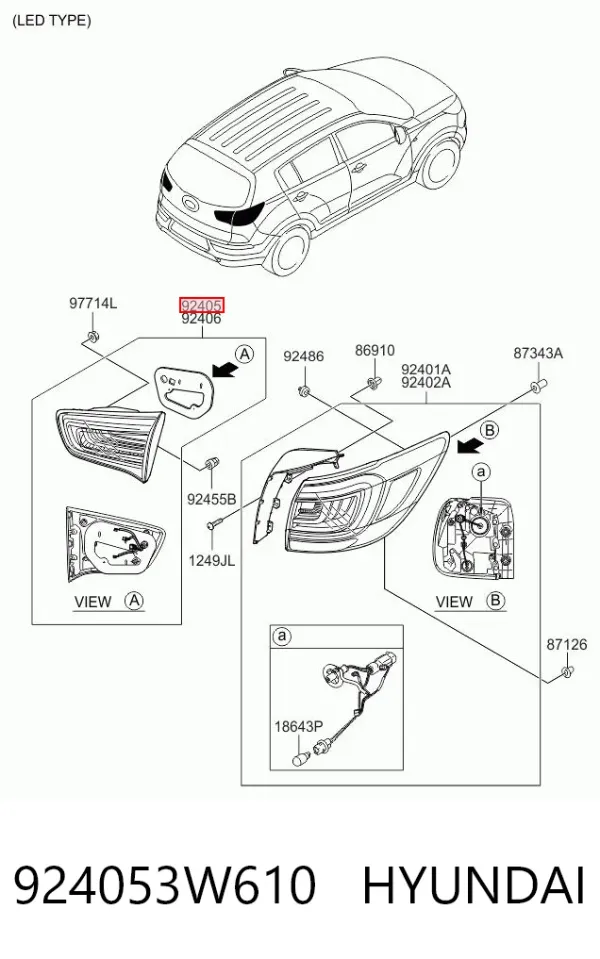 Lanterna traseira esquerda interna 924053W610 Hyundai/Kia