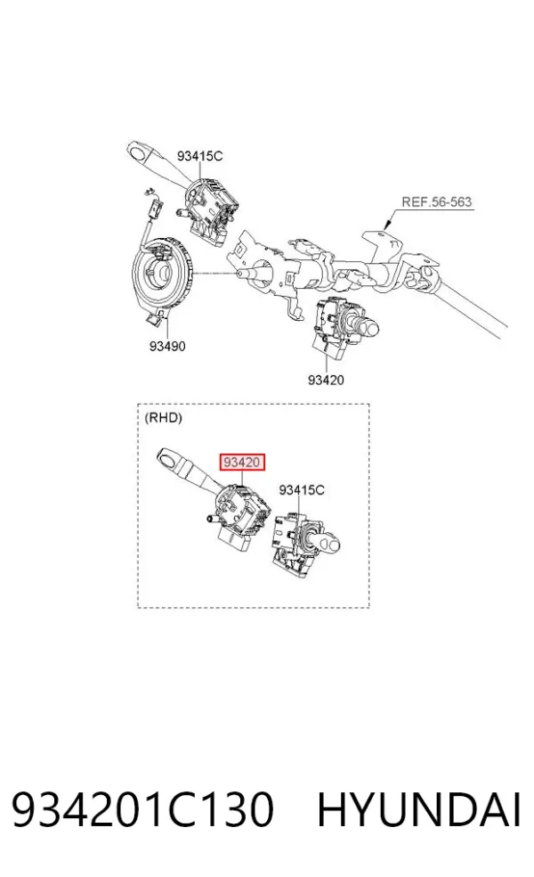 Comutador direito instalado na coluna da direção 934201C130 Hyundai/Kia