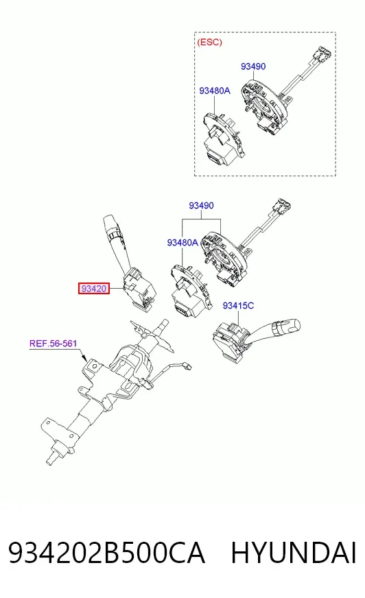 Comutador direito instalado na coluna da direção 934202B500CA Hyundai/Kia