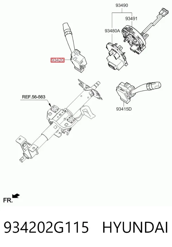 Comutador direito instalado na coluna da direção 934202G115 Hyundai/Kia