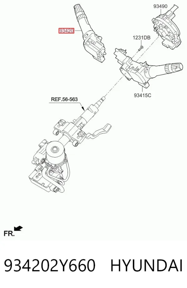 Comutador direito instalado na coluna da direção 934202Y660 Hyundai/Kia