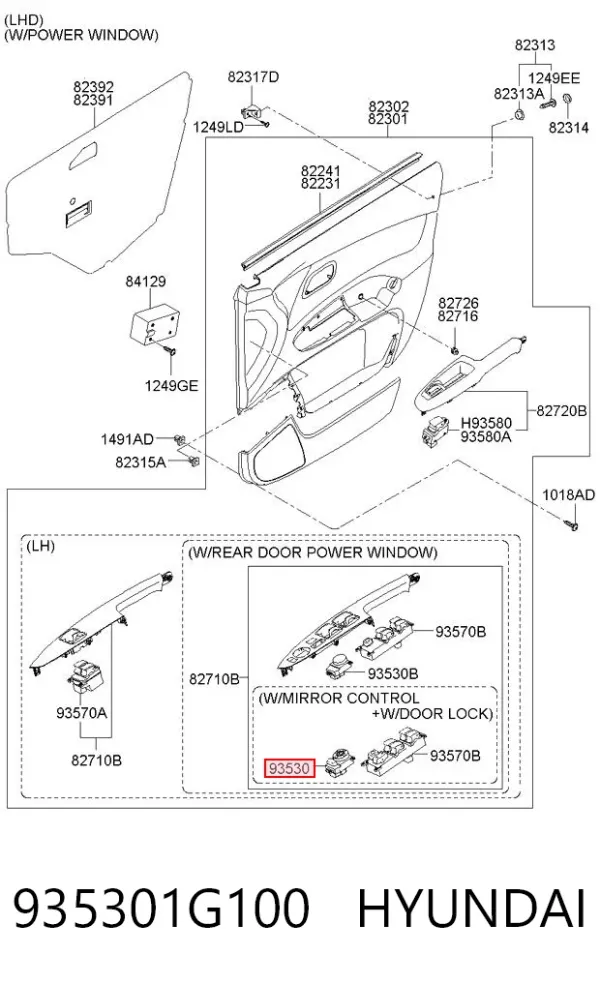 Unidade de controlo dos espelhos de retrovisão, na porta 935301G100 Hyundai/Kia