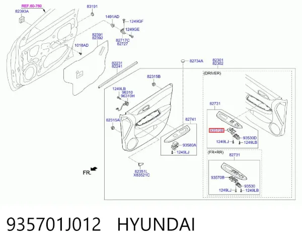 Unidade de botões dianteira esquerda de controlo de elevador de vidro 935701J012 Hyundai/Kia