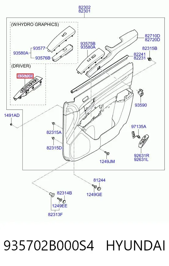 Unidade de botões dianteira esquerda de controlo de elevador de vidro 935702B000S4 Hyundai/Kia