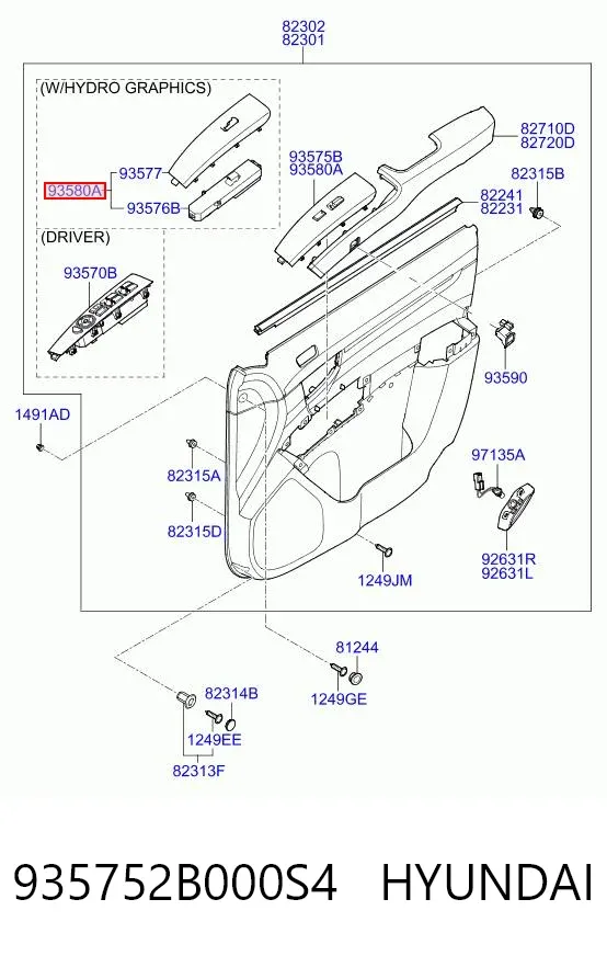 Unidade de controlo dos espelhos de retrovisão, na porta 935752B000S4 Hyundai/Kia