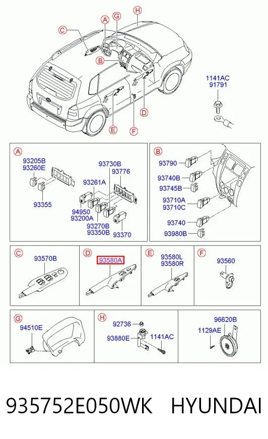Unidade de botões dianteira direita de controlo de elevador de vidro 935752E050WK Hyundai/Kia