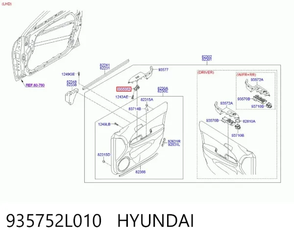 Unidade de controlo dos espelhos de retrovisão, na porta 935752L010 Hyundai/Kia