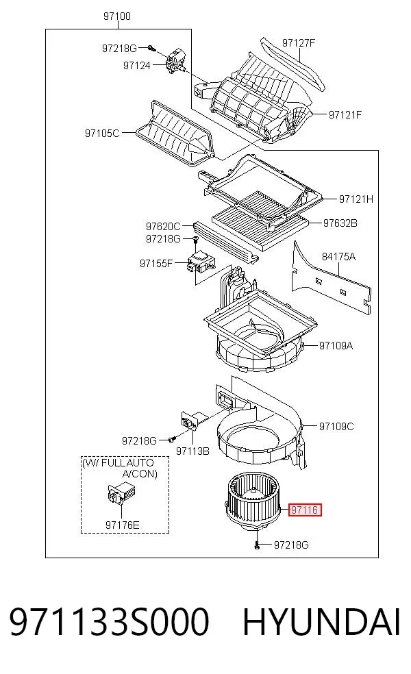 Caixa de ventilador de forno (de aquecedor de salão), montada 971133S000 Hyundai/Kia