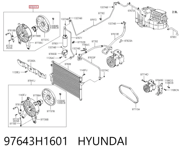 Difusor do radiador de aparelho de ar condicionado, montado com roda de aletas e o motor 97643H1601 Hyundai/Kia