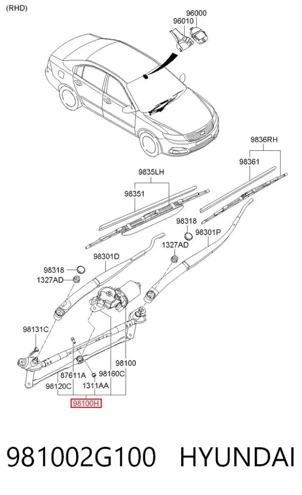Trapézio de limpador pára-brisas 981002G100 Hyundai/Kia