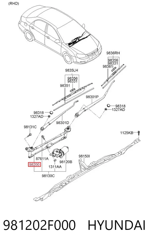 Trapézio de limpador pára-brisas 981202F000 Hyundai/Kia