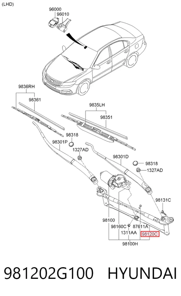 Trapézio de limpador pára-brisas 981202G100 Hyundai/Kia
