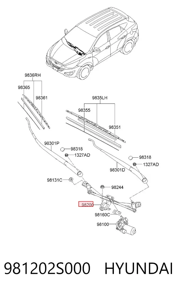 Trapézio de limpador pára-brisas 981202S000 Hyundai/Kia