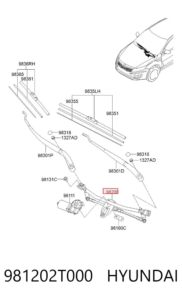 Trapézio de limpador pára-brisas 981202T000 Hyundai/Kia