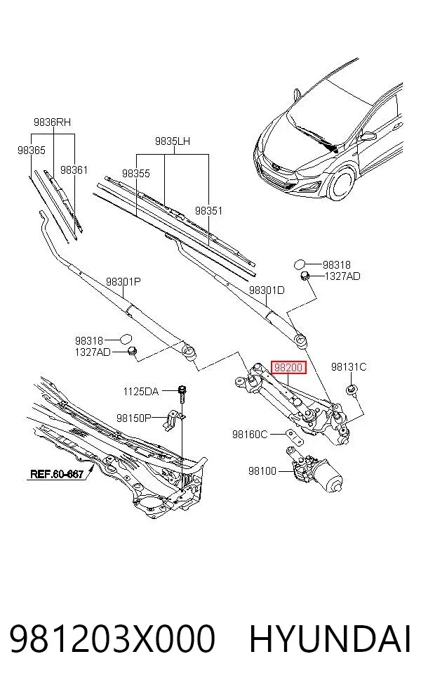 Trapézio de limpador pára-brisas 981203X000 Hyundai/Kia