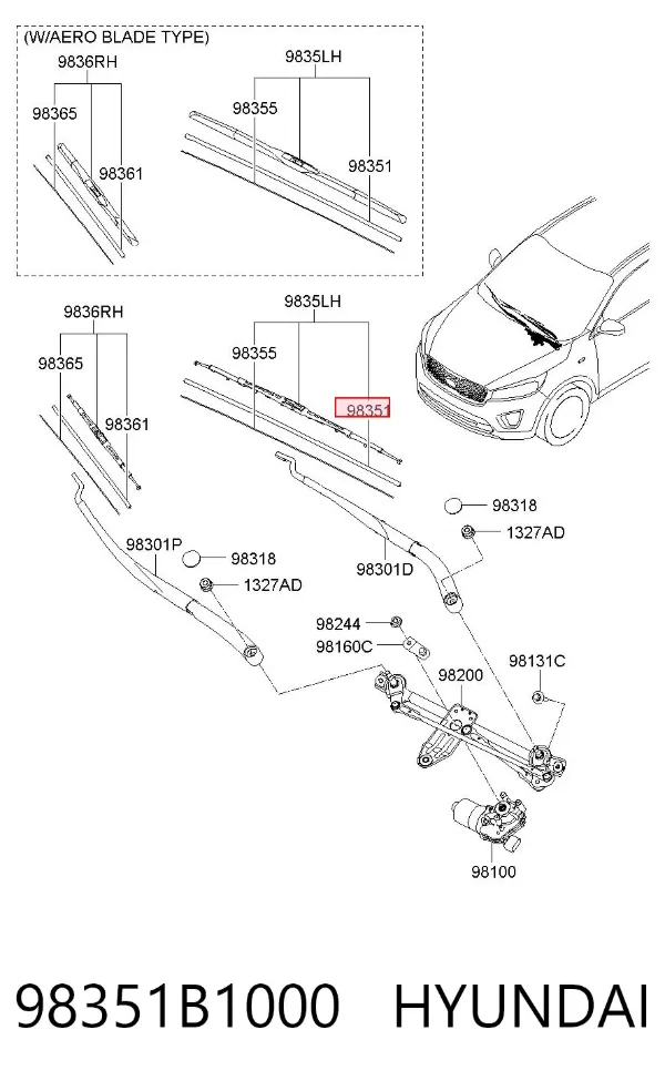 Elástico da escova de limpador pára-brisas de condutor 98351B1000 Hyundai/Kia