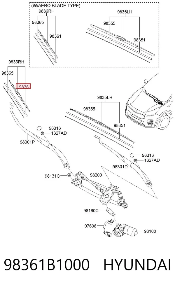 Elástico da escova de limpador pára-brisas de condutor 98361B1000 Hyundai/Kia