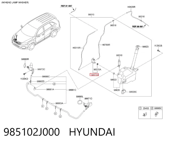 Bomba de motor de fluido para lavador de vidro dianteiro 985102J000 Hyundai/Kia